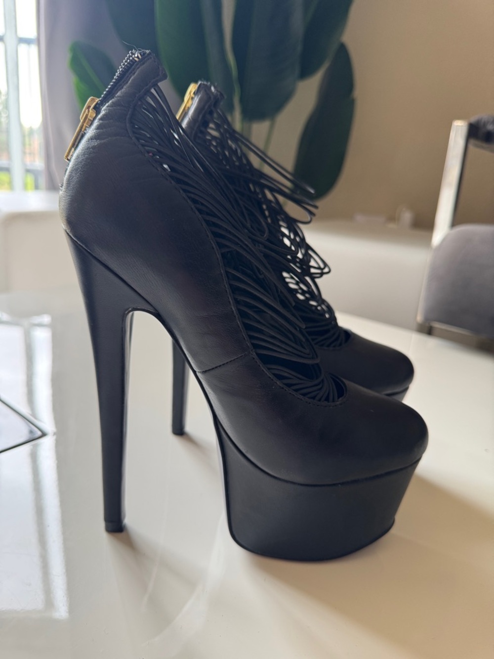 London Trash Black High Platform Stiletto Fringe Pumps - Women